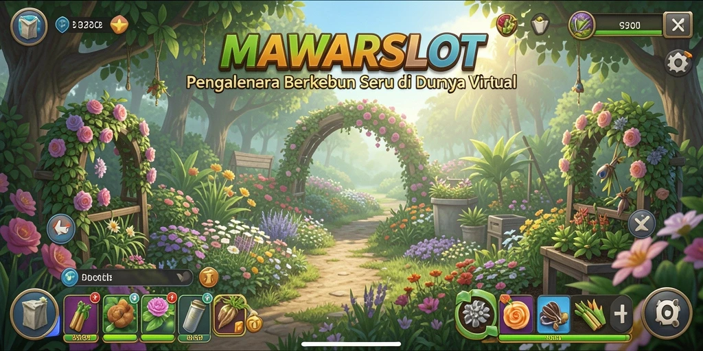 Screenshot gameplay <strong>MAWARSLOT</strong> menampilkan kebun yang indah dan aktif.