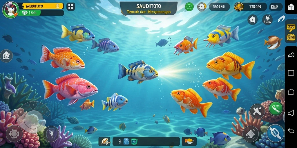Tampilan gameplay SAUDITOTO yang seru dengan aksi menembak ikan.